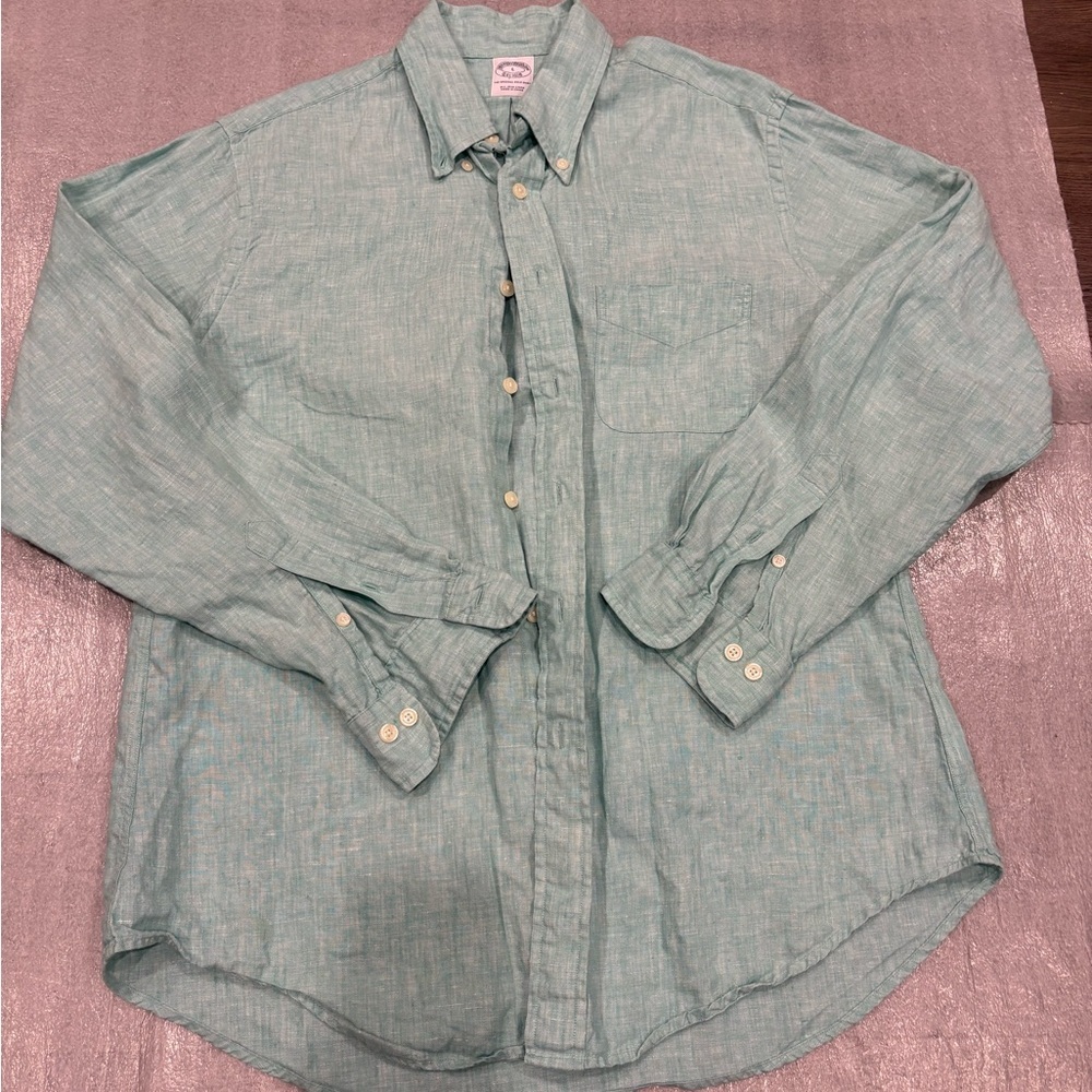 [L]Brooks Brothers Light Green Irish Linen The Original Polo Button-Down Shirt